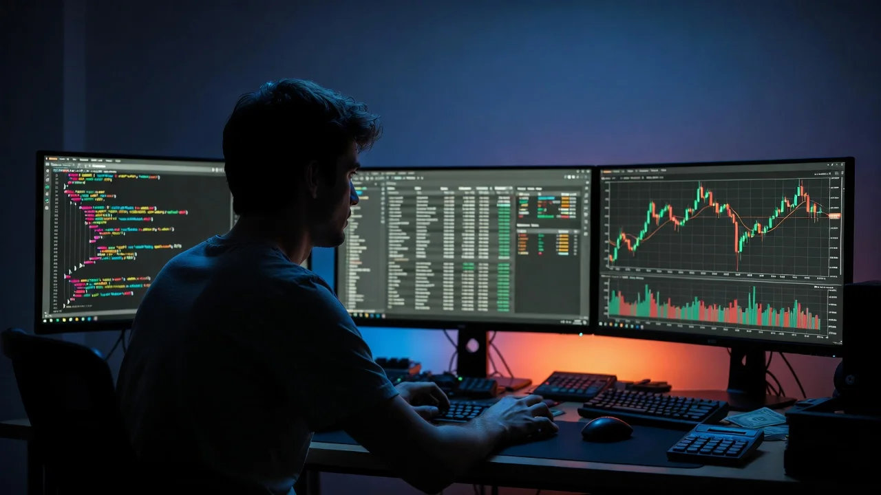 Entwickler sitzt vor mehreren Bildschirmen mit Code und Sportwetten-Daten in dunklem Büro