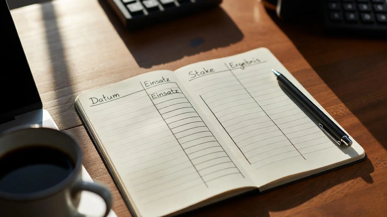 Aufgeschlagenes Notizbuch mit handgeschriebener Bankroll-Planung und einem Stift daneben