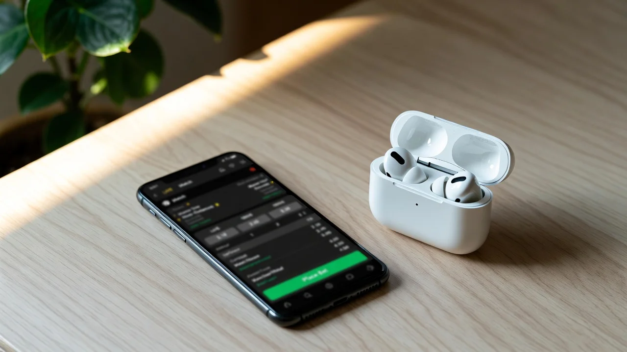 Smartphone mit Sportwetten-App liegt auf einem Tisch neben Kopfhörern im Sonnenlicht