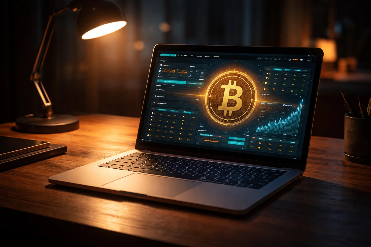 Laptop mit Bitcoin-Symbol und Sportwetten-Seite auf dem Bildschirm in einem abgedunkelten Raum