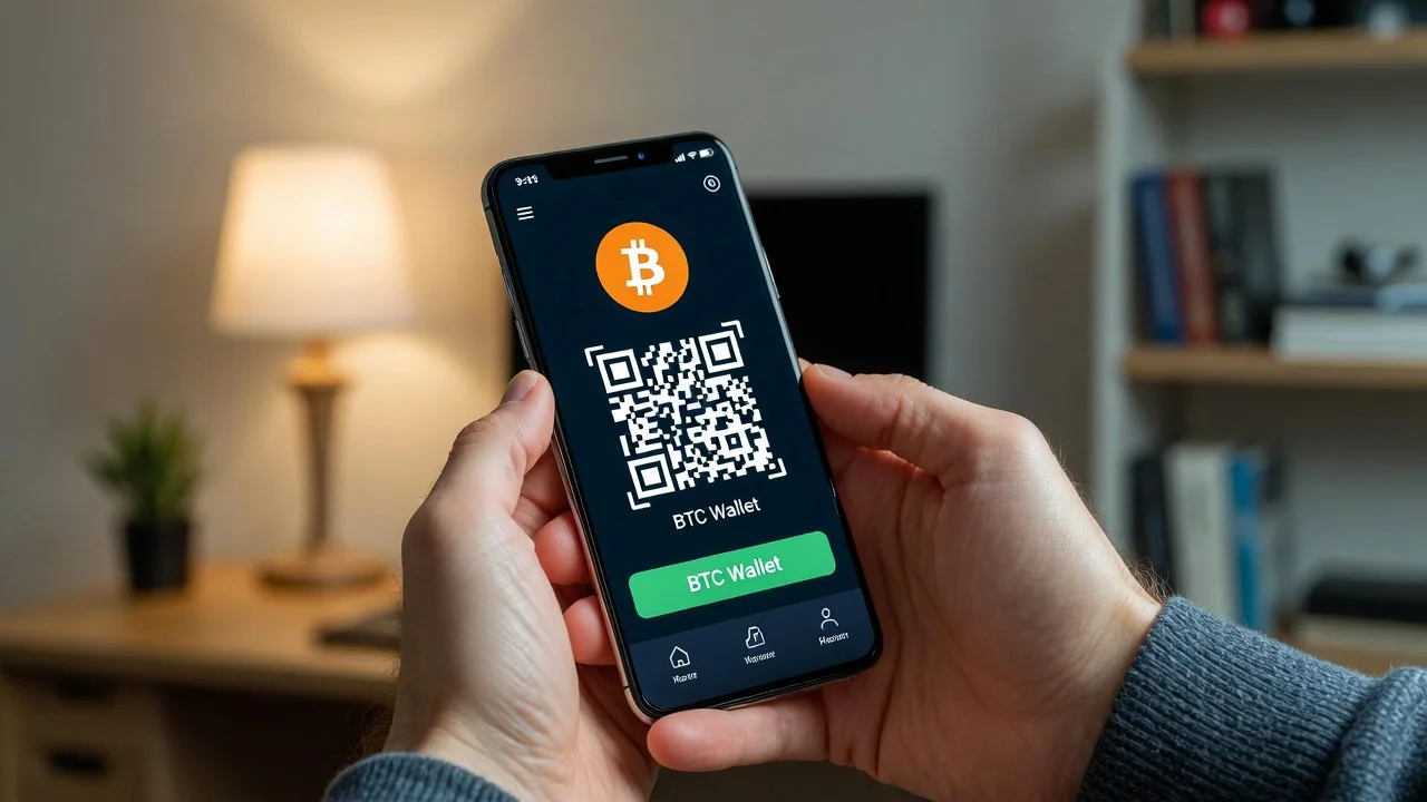 Hände halten ein Smartphone mit geöffneter Bitcoin-Wallet-App und QR-Code auf dem Bildschirm