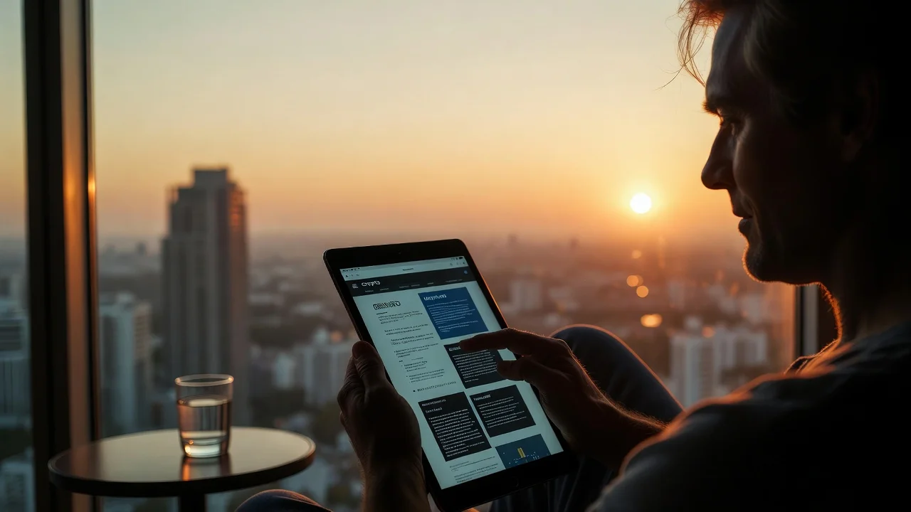 Person liest Krypto-Nachrichten auf einem Tablet in einem modernen Büro mit Stadtpanorama