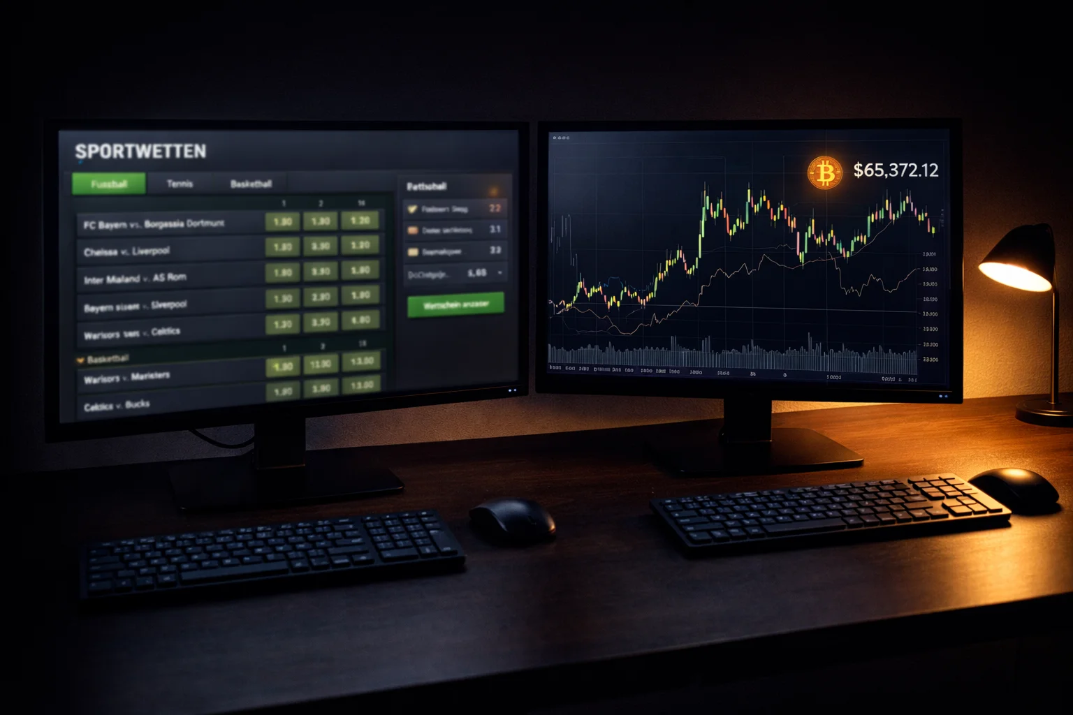 Zwei Monitore zeigen Sportwetten-Quoten und Bitcoin-Kursverlauf auf einem aufgeräumten Schreibtisch