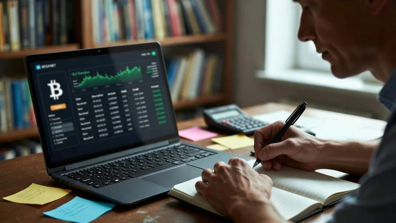 Person macht Notizen in einem Notizbuch neben einem Laptop mit geöffneter Bitcoin-Wallet