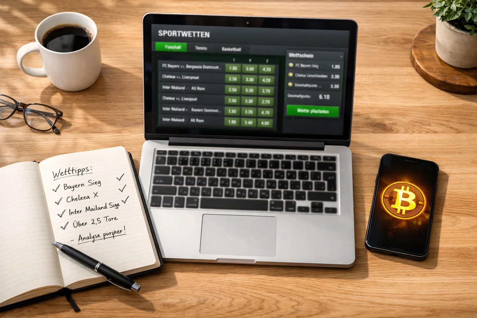 Laptop mit Bitcoin-Sportwetten-Plattform auf einem Schreibtisch neben Notizbuch und Kaffeetasse