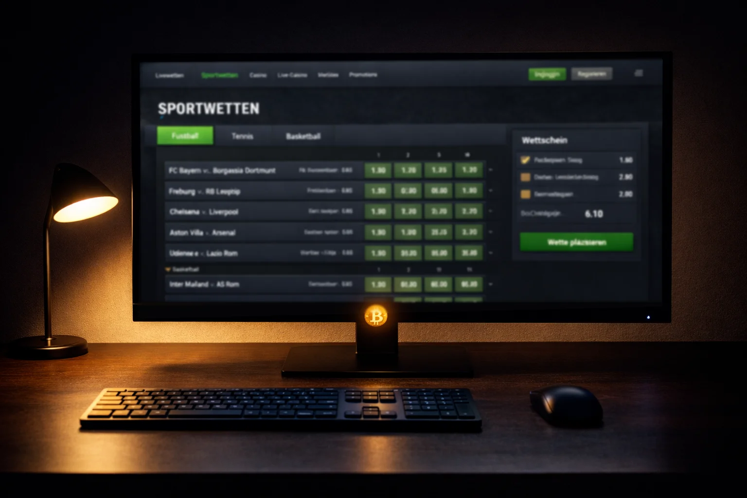Großer Bildschirm zeigt eine Sportwetten-Website in einem abgedunkelten Raum mit warmem Licht