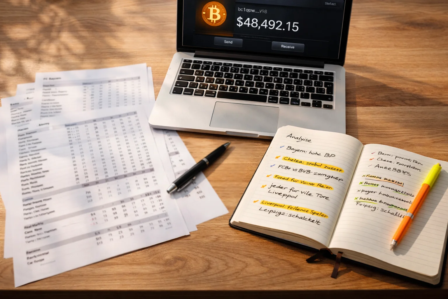Person analysiert Sportstatistiken auf Papier neben einem Laptop mit Bitcoin-Wallet