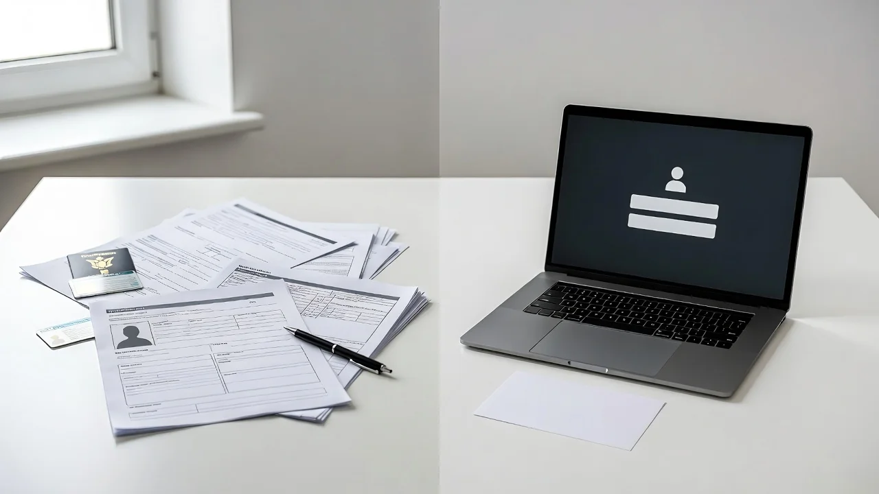 Zwei Szenen im Vergleich: links ein Schreibtisch mit Ausweisdokumenten, rechts ein aufgeräumter Schreibtisch nur mit Laptop
