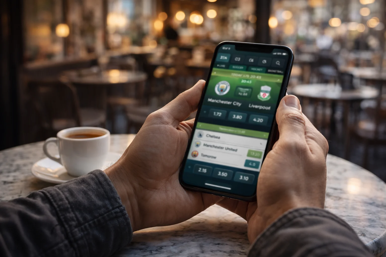 Person sitzt in einem Café und platziert eine Sportwette auf dem Smartphone mit einer mobilen Wett-App