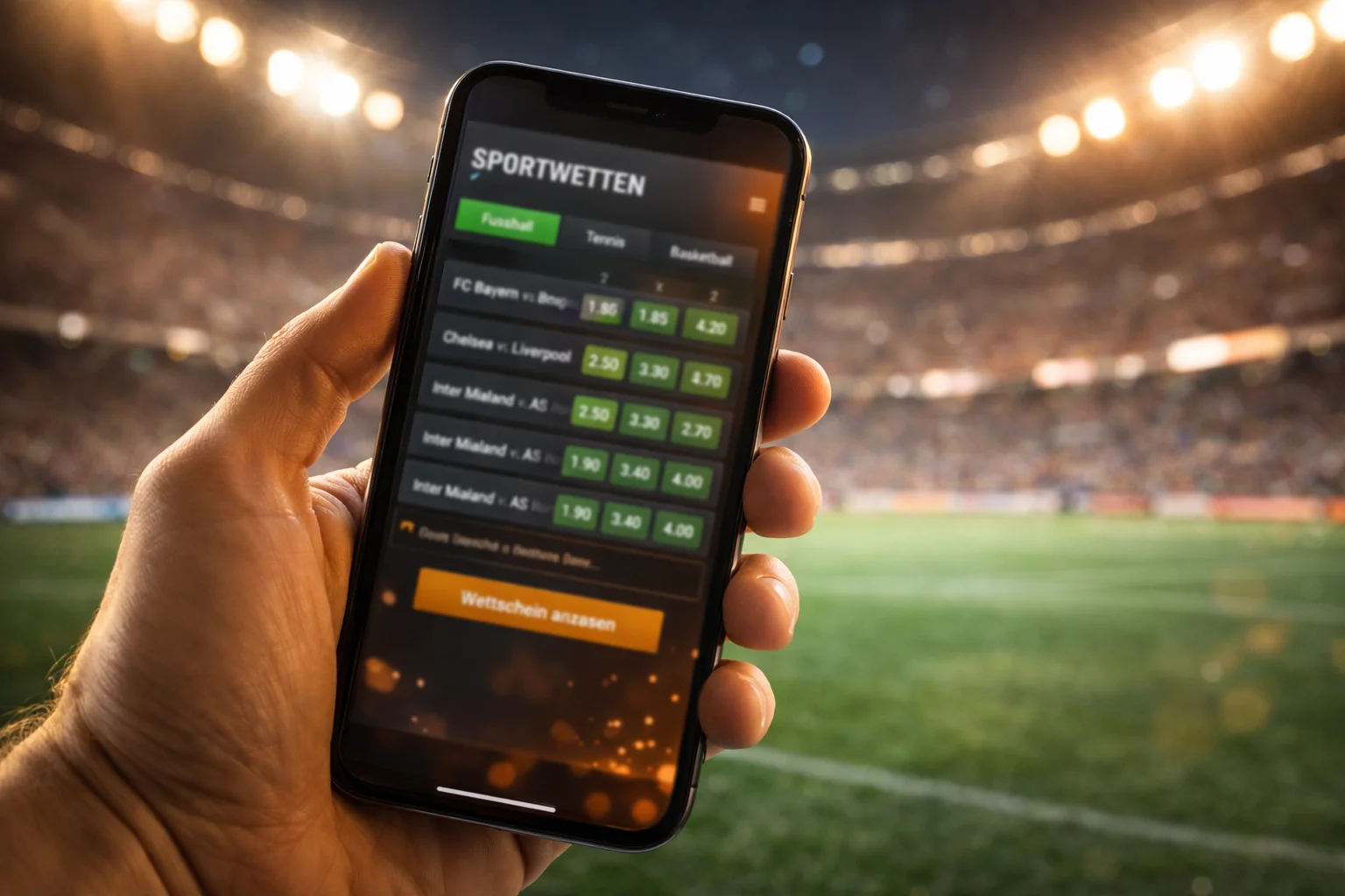 Hand hält Smartphone mit geöffneter Sportwetten-App vor unscharfem Stadionhintergrund