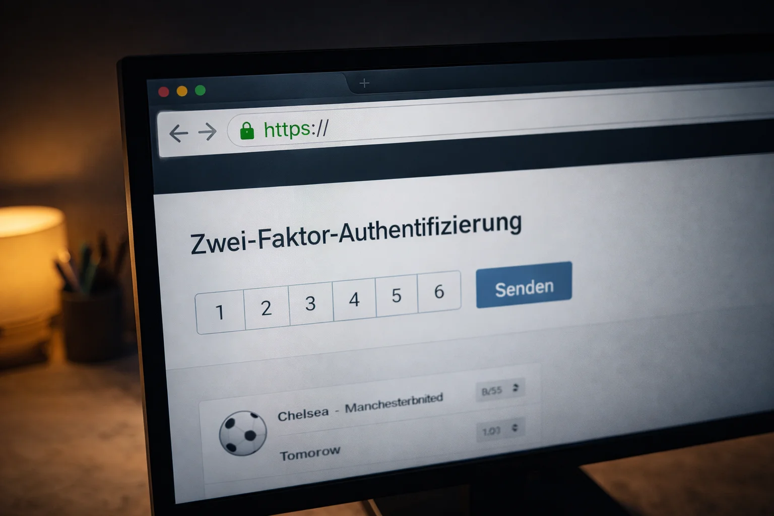 Bildschirm zeigt eine Webseite mit grünem Schloss-Symbol in der Adressleiste und Zwei-Faktor-Authentifizierung